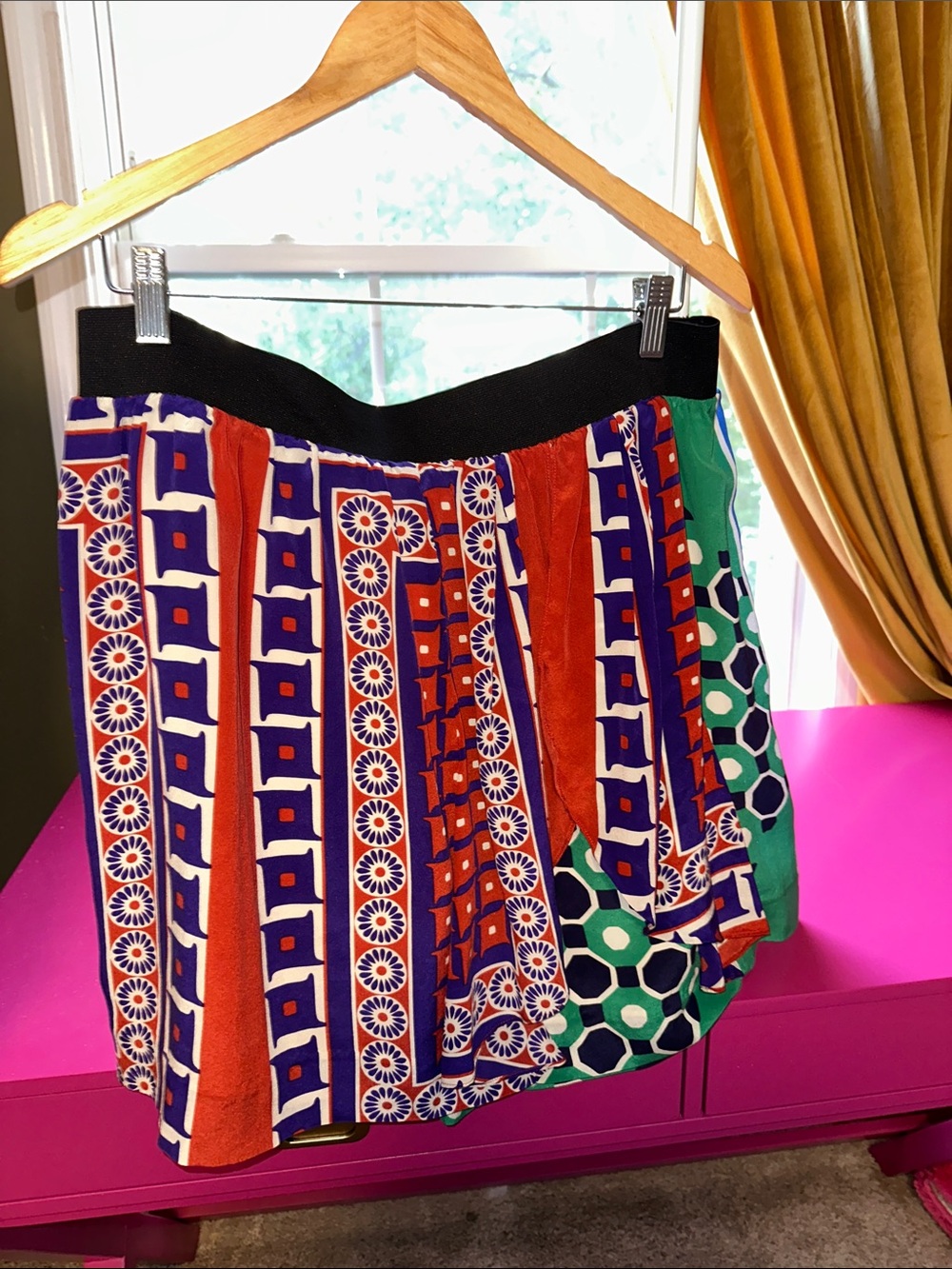 Bold Geo-Print Circle Skirt in Red, Blue & Green